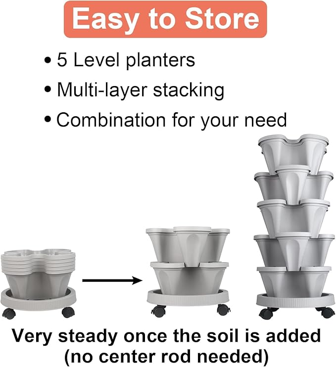GameXcel Vertical Planter 5 Tier Stackable Planters Garden Planters Strawberry Herb Flower and Vegetable Planter Indoor Outdoor Gardening Pots with Removable Wheels and Tools 2-Pack