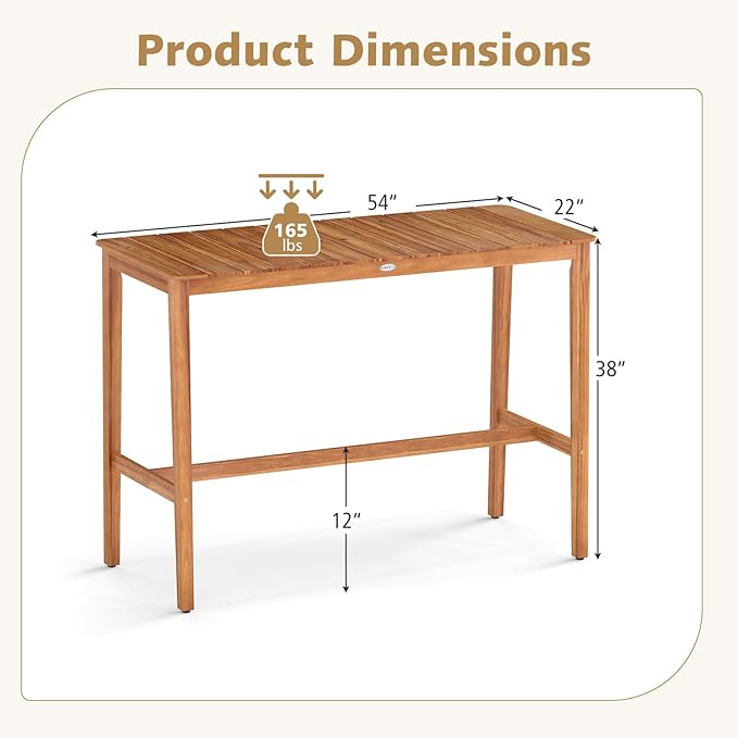 Tangkula Patio Bar Table, 54” x 22” Acacia Wood Counter Height Table with Slatted Tabletop & Footrest Crossbar, Rectangle High Top Table for Backyard, Poolside, Balcony