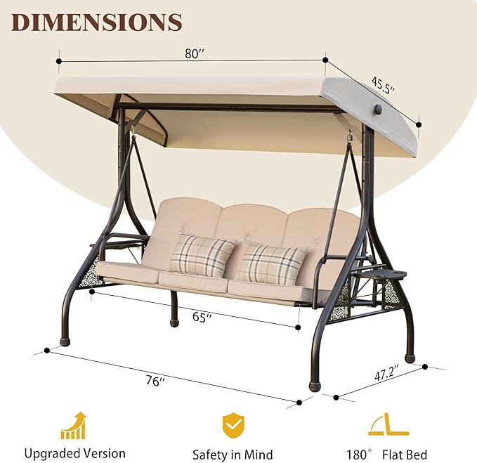 3-in-1 Convertible Outdoor Swing for Adults, Outdoor Porch Swing with Stand 800lb Bearing Capacity, 3-Seat Outdoor Swing with Canopy Adjustable, Thickened Cushions (Round, Khaki)