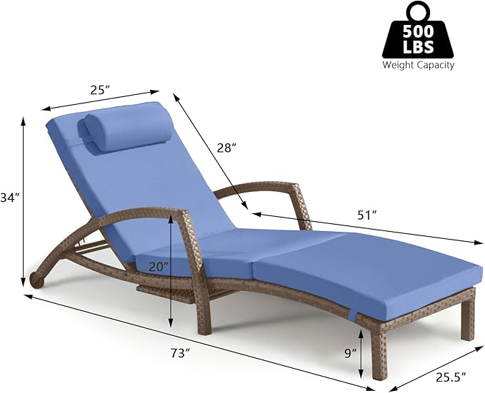 Chaise Lounge Chairs Outdoor Set of 6, Comfy Outside Wicker Patio Pool Lounge Chair w/ 5 Adjustable Back Angle, Cup Holder, Thicken Cushion