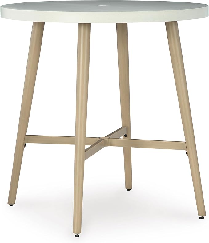 Signature Design by Ashley Seton Creek Casual Outdoor Bar Table with Umbrella Hole, Beige & White