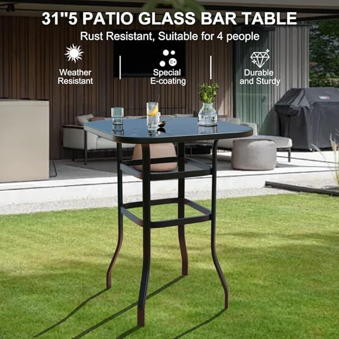 3 PCS Patio Swivel Bar Stools Set, 3 Piece Swivel Outdoor Table and Chairs Bar Set, All Weather Textile Fabric Outdoor High Stool Bistro Set with High Glass Bar Table for Lawn, Garden, Balcony