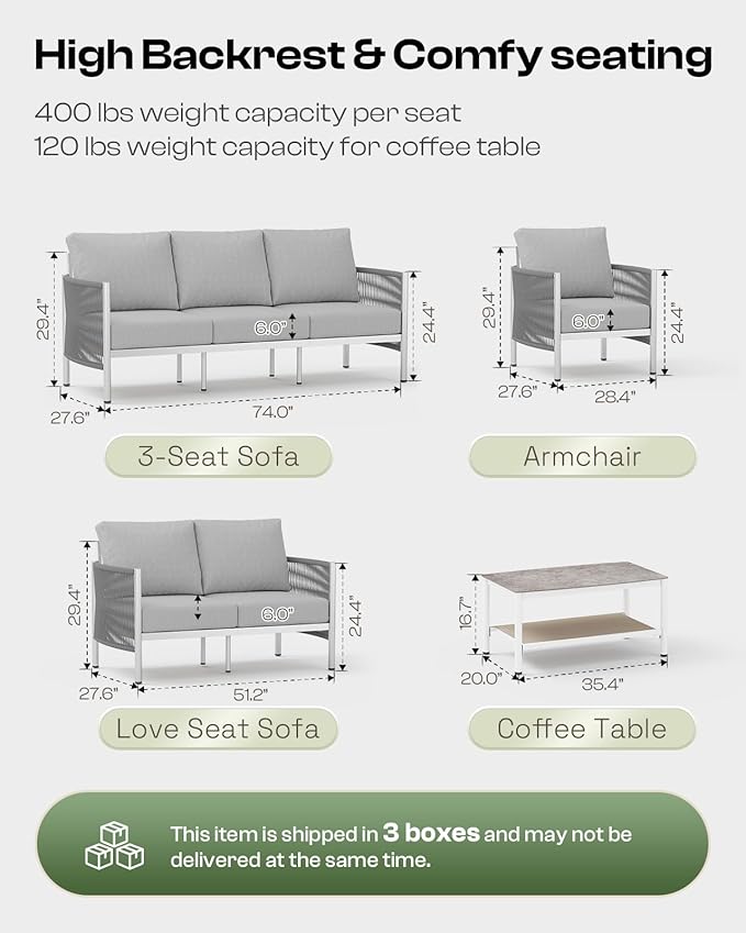 Aluminum Outdoor Patio Furniture Set with Dual-Layer Coffee Table, 4 Piece Modern Patio Conversation Sets with PE Rope, Outdoor Sectional Sofa with Thick Cushions for Balcony, Yard, Silver