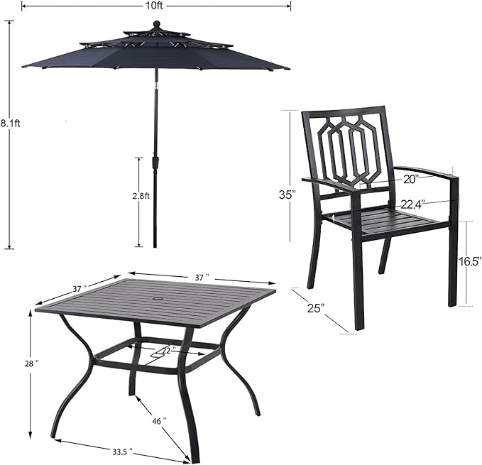 PHI VILLA Patio Dining Set 5 pcs with Umbrella(Navy Blue),1 Square Metal Table& 4 Metal Outdoor Stackable Chairs and 1 10ft 3 Tier Auto-tilt Umbrella (Base Not Included)