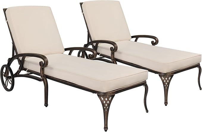 VINGLI Cast Aluminum Outdoor Chaise Lounge Chair with Wheels Set of 2, Patio Chaise Lounge with 3-Position Adjustable Backrest, Tanning Chair Reclining Chair for Poolside (2PCS, Bronze, with Cushion)