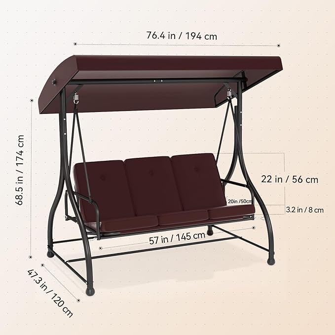3-Seat Outdoor Patio Swing Glider - Heavy Duty Steel Frame with Adjustable Canopy & Removable Cushions - All Weather Porch Swings Chair for Backyard, Garden, Poolside - Brown