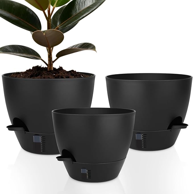 Self-Watering Plant Pots with Water Level Indicator, Drainage Holes & Saucers – 12/10/9 Inch Large Plastic Planter Set for Indoor & Outdoor Plants (Pure Black)