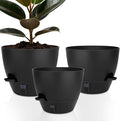 Self-Watering Plant Pots with Water Level Indicator, Drainage Holes & Saucers – 12/10/9 Inch Large Plastic Planter Set for Indoor & Outdoor Plants (Pure Black)