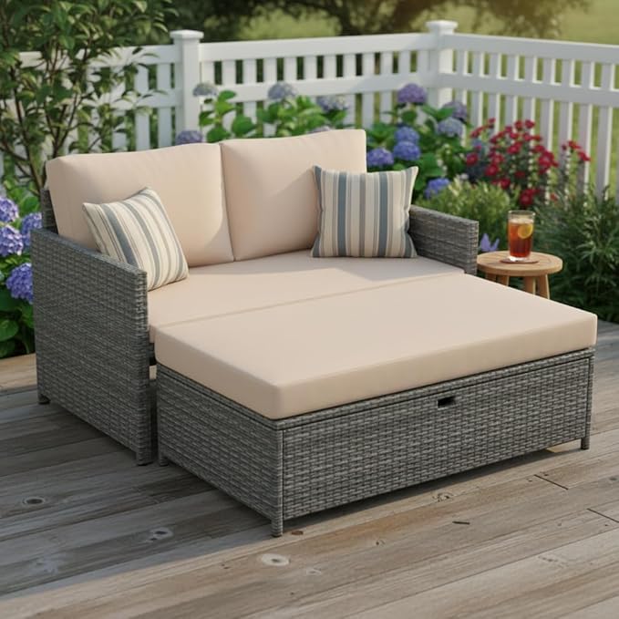 Tangkula Outdoor Rattan Daybed, Wicker Loveseat & 31 Gallon Storage Ottoman w/Soft Cushions, Space-Saving 2-Person Sun Lounger Daybed for Backyard, Porch (Beige)