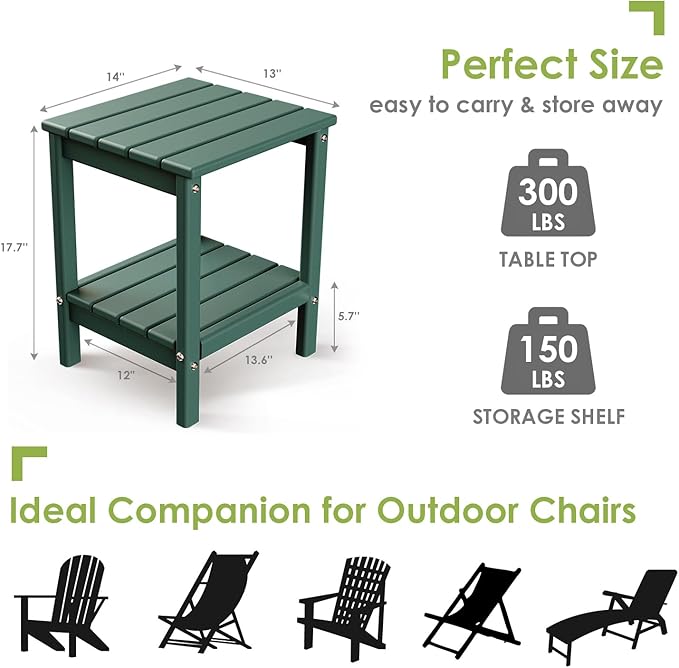 GREENVINES Adirondack-Outdoor-Side-Table | 14 x 13 Inches | HDPE Plastic | All Weather | Forest Green | Outside End Tables | Storage Shelf | for Patio Porch Backyard Indoor