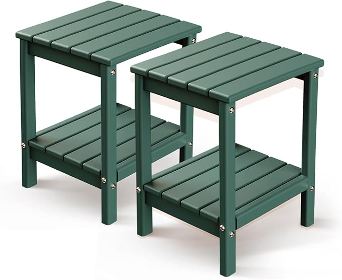 GREENVINES Adirondack-Outdoor-Side-Table | Set of 2 | 14 x 13 Inches | HDPE Plastic | All Weather | Forest Green | Outside End Tables | Storage Shelf | for Patio Porch Backyard Indoor