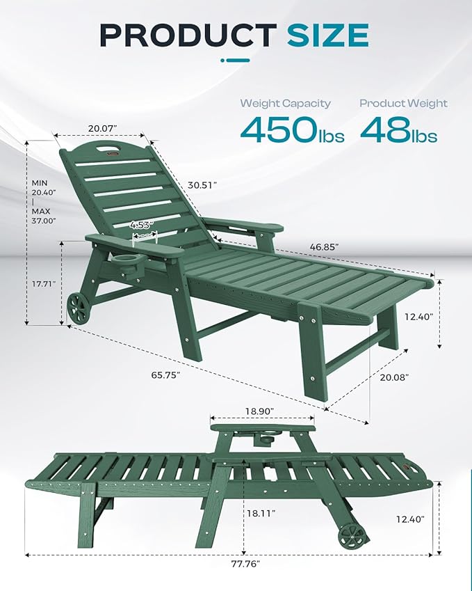 Outdoor Chaise Lounge Chair Set of 2, Patio Lounge Chairs for Outside, HDPE Lounge Chair with Wheels & Cup Holder, Poly Chair with 5 Position for Poolside, Deck, Green