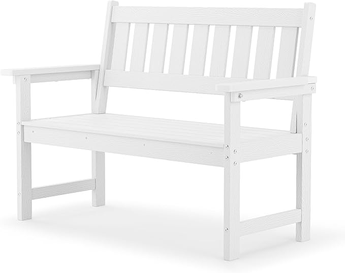 LUE BONA Outdoor Bench, 2-Person HDPS Garden Bench, Outdoor Benches Weatherproof, All-Weather Fade/Rot Resistant Patio Bench for Park, Front Porch, Backyard (White)