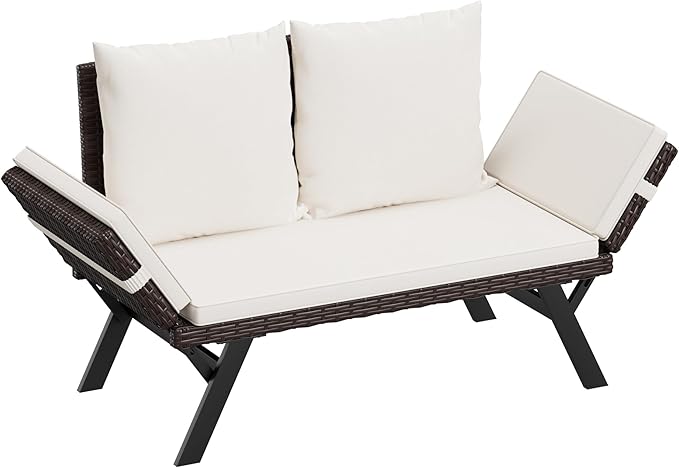 Flamaker Outdoor Convertible Sofa, Woven Rattan Patio Furniture Sunbed with Adjustable Armrests, Removable Cushions and Pillows for Patio, Porch, Pool (Brown Lounger & Beige Pillowcase)