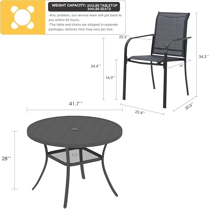VICLLAX 5 Pieces Patio Dining Set, Outdoor Furniture Set Includes 41.2" Round Patio Table and 4 Patio Sling Chairs, Grey Tabletop and Dark Grey Fabric