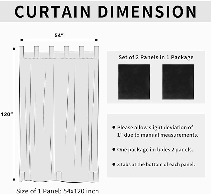 Easy-Going Outdoor Patio Curtains Detachable Tab Top Windproof Weatherproof Curtain for Cabana, Porch, Pergola and Gazebo, Tab Bottom Drape, 2 Panels, 54W x 120L inch, Black