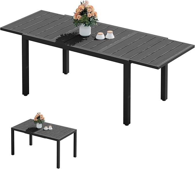 SERWALL Outdoor Expandable Dining Table 60" - 83", Patio Dining Table for 4-10 People, All Weather HDPE and Aluminum Outdoor Furniture for Backyard, Garden, Black