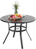 PHI VILLA 38 Inch Outdoor Round Dining Table, Metal Wrought Iron Slat Patio Table with 1.87" Umbrella Hole for Garden, Backyard and Porch (Black)