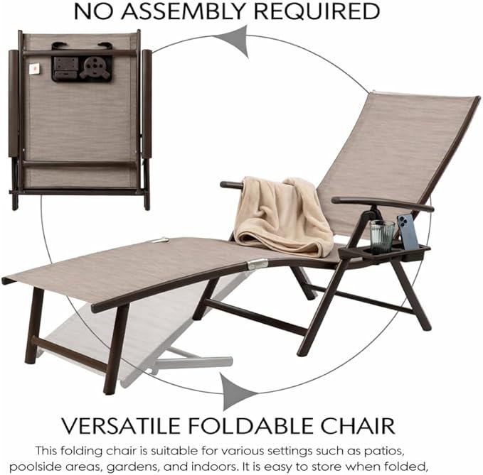 Kozyard Aluminum Outdoor Chaise Lounge Chair, Adjustable Reclining Patio Lounge with Drink Holder, Weather-Resistant Pool, Deck & Yard Recliner, Assemble-Free (1Pack, Beige)