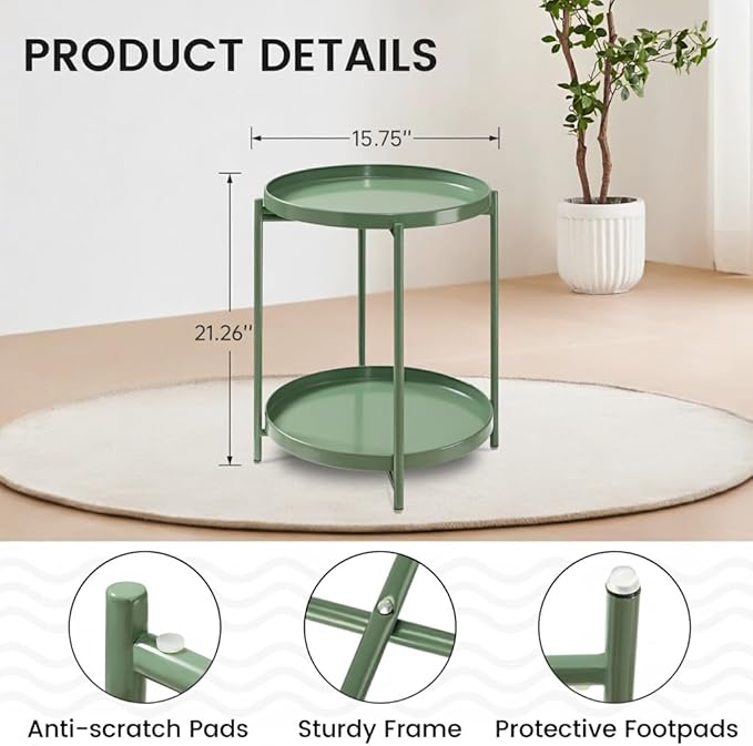 danpinera 2 Tier Metal Side Table with Removable Tray, End Table Outdoor Small Accent Table, Anti-Rust Green Nightstand for Bedroom Balcony Patio (Dark Green)