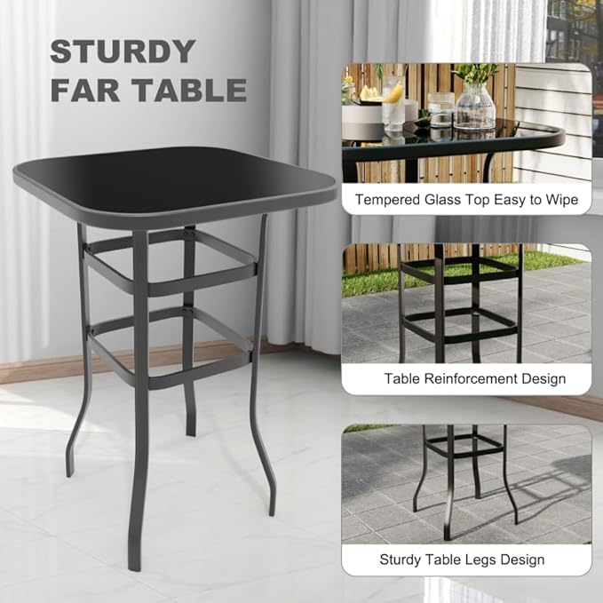 Outdoor Patio Bar Table, 31.5 Inch Tempered Glass Bistro High Top Table All Weather Metal Frame for Deck, Porch, Poolside, Garden