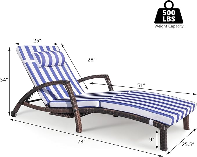 Chaise Lounge Chairs Outdoor Set of 6, Comfy Outside Wicker Patio Pool Lounge Chair w/ 5 Adjustable Back Angle, Cup Holder, Thicken Cushion