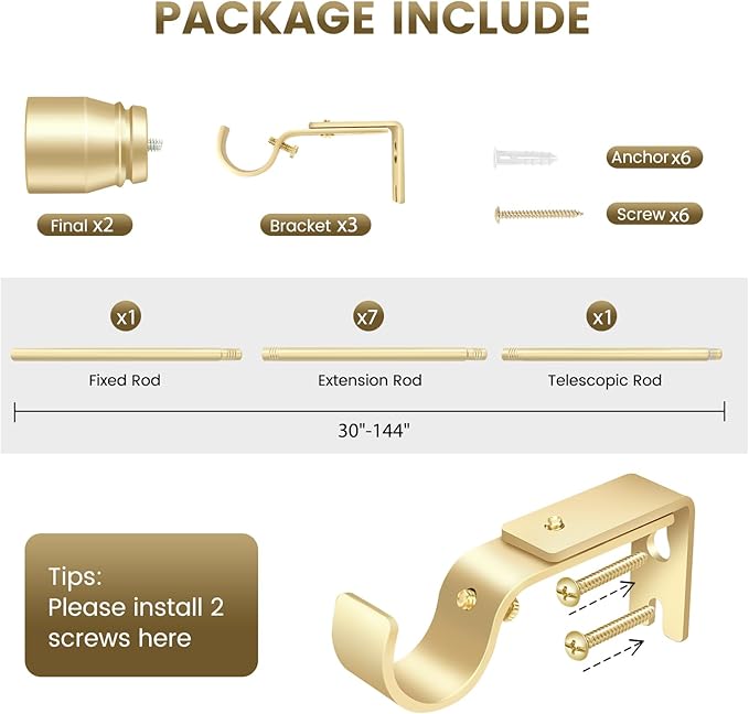 1” Diameter Curtain Rods Itself is 30 to144 inch 1 Pack Fit 30-142 inch, 66 to 120 inch Window with Heavy Duty Adjustable Rod Gold Curtain Splicing Metal Extra Long Curtain Rod for Windows