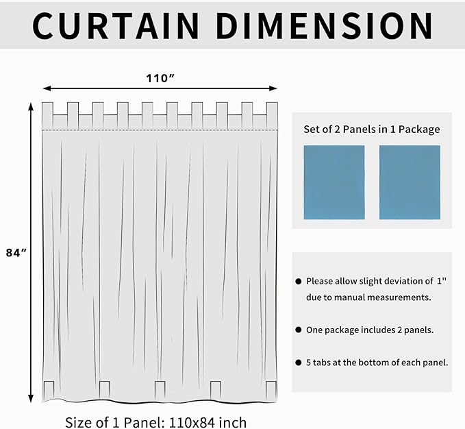 Easy-Going Outdoor Patio Curtains Detachable Tab Top Windproof Weatherproof Curtain for Cabana, Porch, Pergola and Gazebo, Tab Bottom Drape, 2 Panels, 110W x 84L inch, Sky Blue