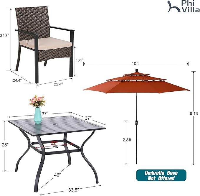 PHI VILLA 5 Pieces Outdoor Dining Set with Umbrella for 4, 37" Square Metal Dining Table & 4 Cushioned Wicker Rattan Chairs with 10ft Red Umbrella for Patio, Deck, Yard, Porch