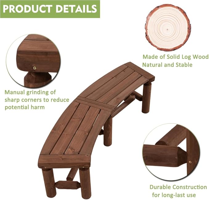 FORTUNO Outdoor Wooden Curved Backless Porch Bench Rustic Style Cedar/Fir Wood Log Fire Pit Bench for Patio Garden Deck and Backyard, 40"-54.7" W×13" D×16.5" H, Mocha