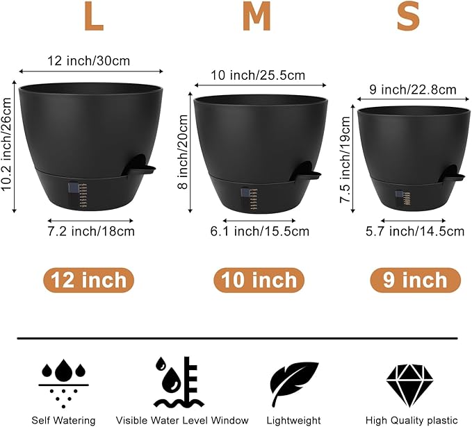 Self-Watering Plant Pots with Water Level Indicator, Drainage Holes & Saucers – 12/10/9 Inch Large Plastic Planter Set for Indoor & Outdoor Plants (Pure Black)
