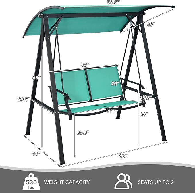 Tangkula 2-Person Patio Swing, Weather Resistant Porch Swing with Adjustable Canopy, Steel Frame, Outdoor Modern Canopy Swing with Handrails, Suitable for Porch Garden Poolside (Green)