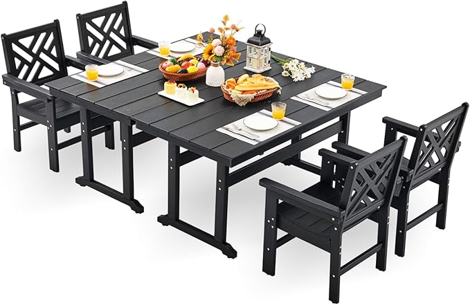 HDPE Outdoor Dining Set,6-Piece Outdoor Table and Chairs Include 4 Dining Chairs and 2 Pcs 62.5" Patio Dining Table with Umbrella Hole (Black)