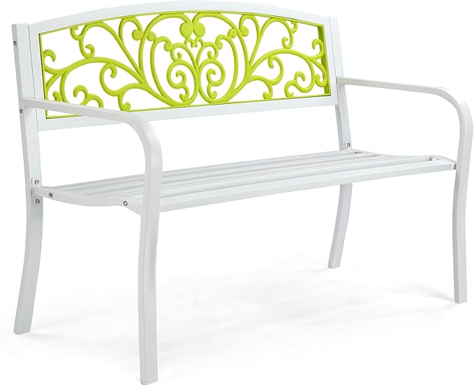 VINGLI Outdoor Bench for Patio Metal Garden Bench w/PVC Back Pattern, Black Park Benches Front Porch Benches for Yard Lawn Decor Deck Entryway (White&Green)