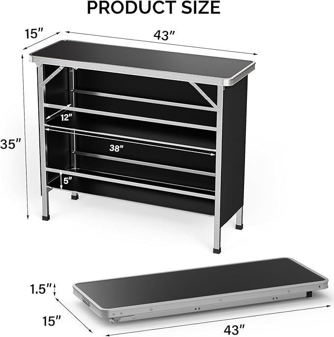 VINGLI 43" Portable Bar Table, 3-Tier Shelves, Mobile Bar Table for Events, Party, Camping, Picnic, Tradeshow, Indoor with Black Skirt (2, 43")
