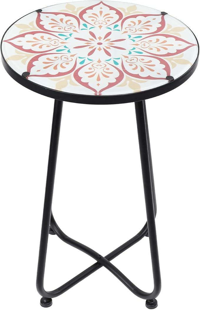 VCUTEKA Patio Side Table Outdoor Accent Table Bistro Coffee Table Plant End Table Small Porch Table Indoor Round Glass Balcony Plant Table Stands Khaki Flower 12 inches