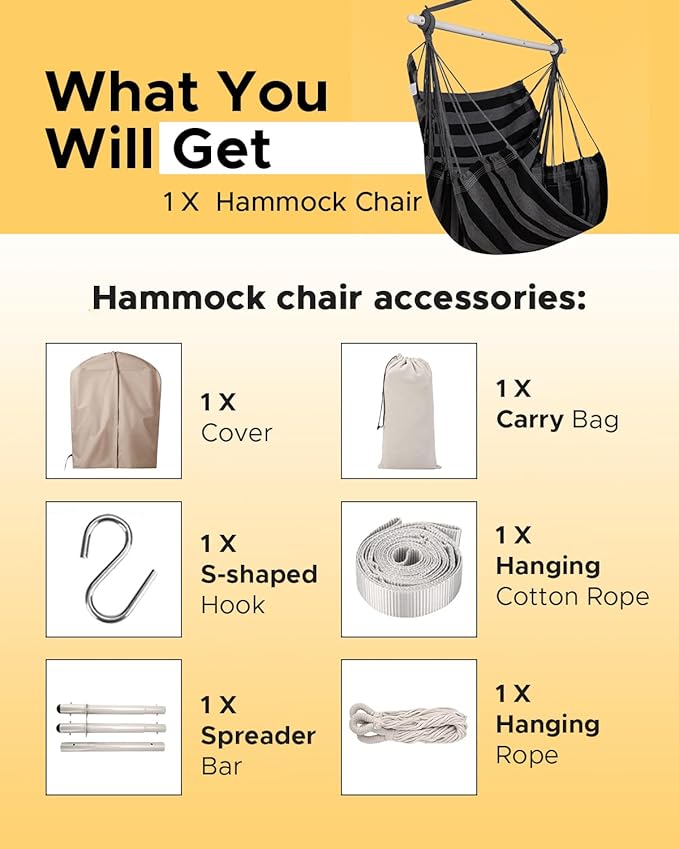 ADVOKAIR Hammock Chair Swing, Heavy-Duty Hanging Rope Swing Seat Supports 500 Lbs, Ideal for Outdoor Patio, Backyard, Porch, Deck & Indoor Bedroom Use