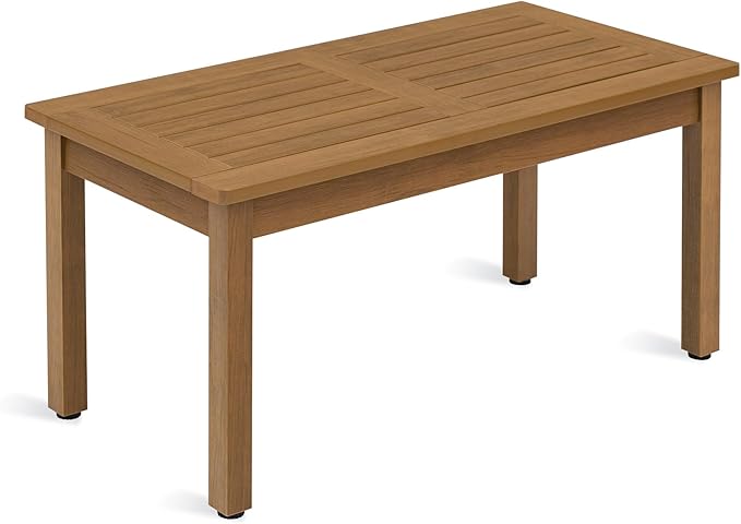 LUE BONA Outdoor Coffee Table Rectangle, HDPS Patio Coffee Tables for Outside, All Weather Patio Coffee Table with Slatted Tabletop for Deck, Garden, Balcony, Indoor or Outdoor Use, Teak