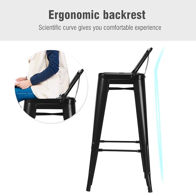 COSTWAY Metal Bar Stools Set of 4, with Removable Back, 30‘’ Bar Height with Rubber Feet, Stylish and Modern Chairs, for Kitchen, Dining Rooms, and Side Bar (Black, 30'')