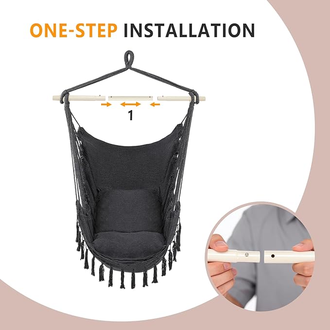 ONCLOUD Hammock Chair Hanging Rope Swing, Load Capacity Up to 550 LBS Macrame Hammock Swing Seat with Two Cushions, Hammock Seats with Portable Steel Spreader Bar for Indoor/Outdoor, Dark Grey