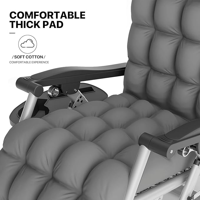 MoNiBloom Beach Chaise Lounge Chair, Patio Folding Recliner with Removable Cushion, Headrest & Tray, Portable Tanning Sunbathing Chair for Poolside Beach Porch Yard, Reinforced Bar, 330lbs Grey