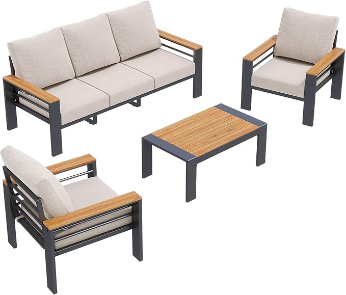 Aoxun Aluminum Outdoor Patio Furniture Set, 5 Seats Outdoor Sectional with Coffee Table, Patio Conversation Sets with Upgraded Armrests and Cushions for Backyard, Garden and Poolside（Grey）
