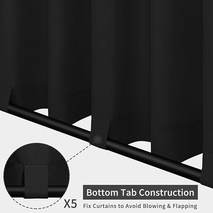 Easy-Going Outdoor Patio Curtains Detachable Tab Top Windproof Weatherproof Curtain for Cabana, Porch, Pergola and Gazebo, Tab Bottom Drape, 2 Panels, 110W x 96L inch, Black