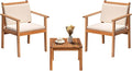 Greesum Outdoor Patio Furniture, 3 Piece Bistro Sofa Set with 1 Coffee Table and 2 Chairs, Acacia Wood Conversation Sets with Cushions, for Garden, Backyard, Poolside, White