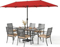 PHI VILLA 7 Pieces Outdoor Dining Set for 6 with Umbrella, 60" Long Metal Table & Stackable Iron Chairs with Cushions & 13ft Red Umbrella, Modern Steel Furniture Set for Patio, Deck, Yard, Porch
