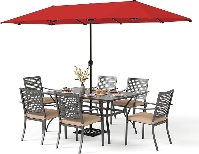 PHI VILLA 7 Pieces Outdoor Dining Set for 6 with Umbrella, 60" Long Metal Table & Stackable Iron Chairs with Cushions & 13ft Red Umbrella, Modern Steel Furniture Set for Patio, Deck, Yard, Porch