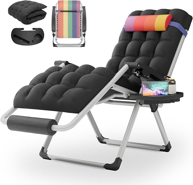 MoNiBloom Zero Gravity Lounge Chair with Cushion, Padded Patio Anti Gravity Recliner, Foldable Outdoor Lounger with Cup Holder Tray, Headrest and Footrest for Beach Camping, Rainbow