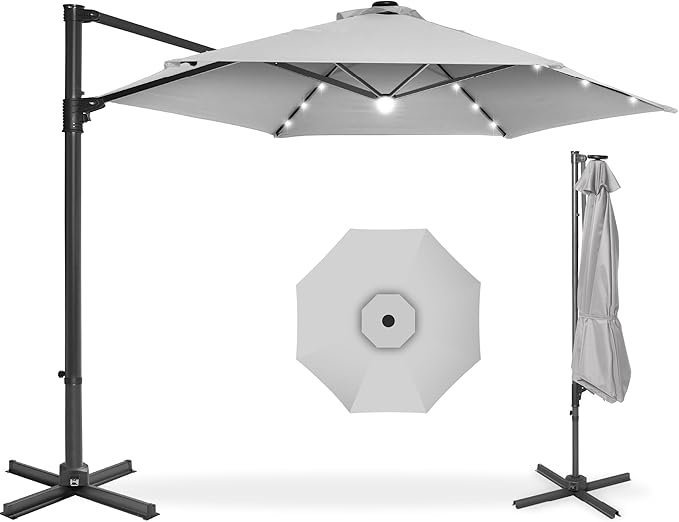 Best Choice Products 10ft Solar LED Offset Cantilever Hanging Market Patio Umbrella, Smooth 360° Rotation, 8 Sturdy Ribs, Easy Adjustment - Fog Gray