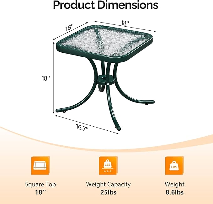 VINGLI Outdoor Side Table, 18" Patio Table Steel Frame Tempered Glass Top, Weatherproof Small Tables for Balcony Garden Poolside (Green, Square)