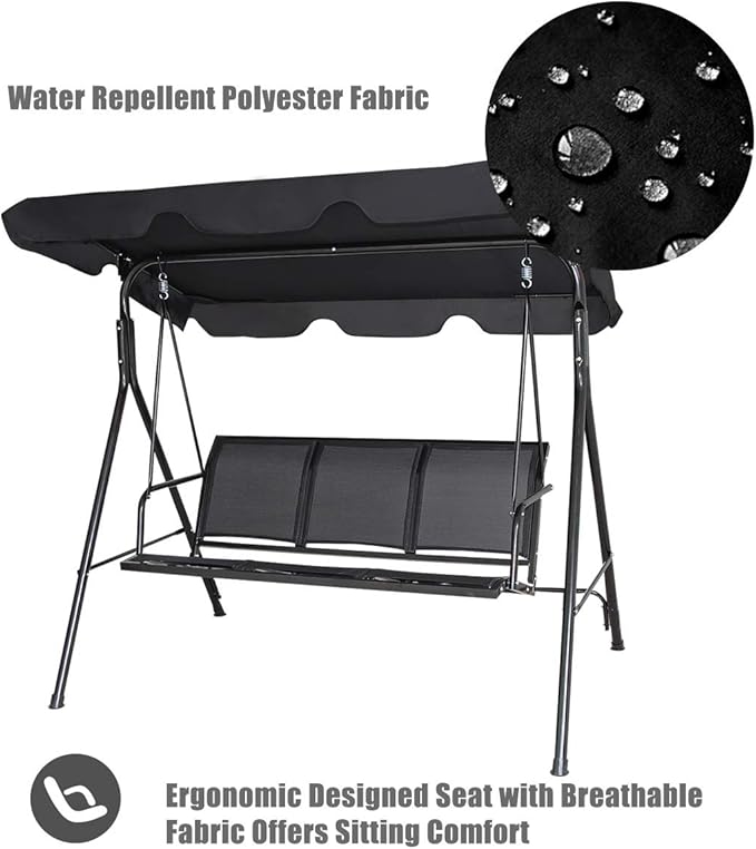 TANGKULA 3 Person Patio Swing, Steel Frame with Polyester Angle Adjustable Canopy, All Weather Resistant Swing Bench, Suitable for Patio, Garden, Poolside, Balcony (Black)